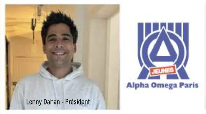 Lenny Dahan, président d'Alpha Omega Paris Jeunes, et le logo de l'association, dans AO News n° 85